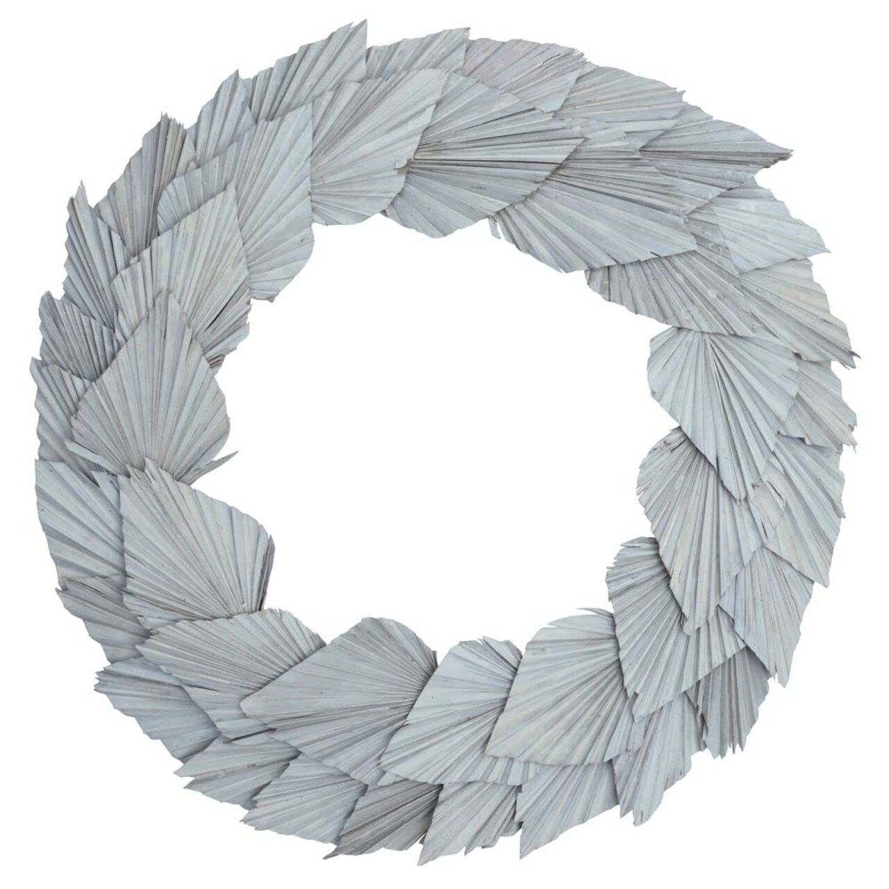 Vickerman Natural Botanicals 24" White Washed Palm Spear Wreath. This wreath measures 24 inches in diameter. It features white washed palm spear leaves on a coco fiber base. This is a dried and preserved natural product.